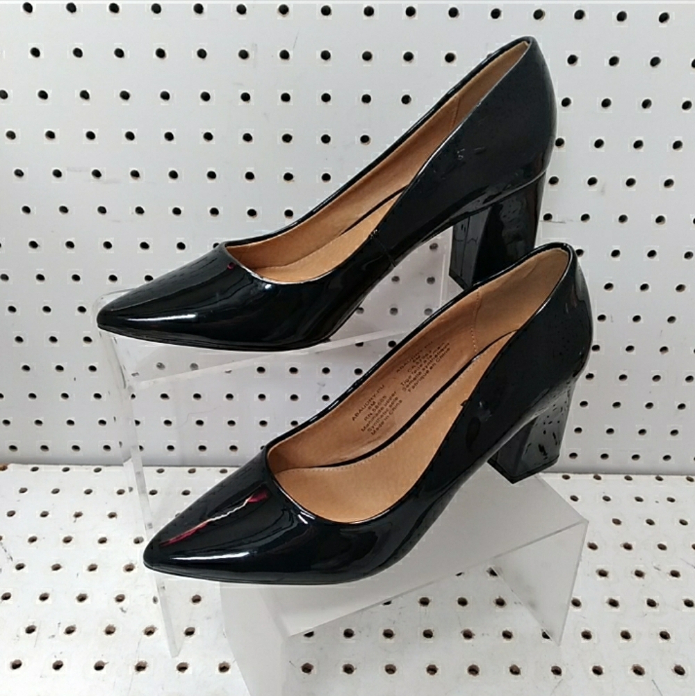 About | Black Shoes | Women's Patent Mid Block Heel Pump Pointy-toe Slip-on 8M